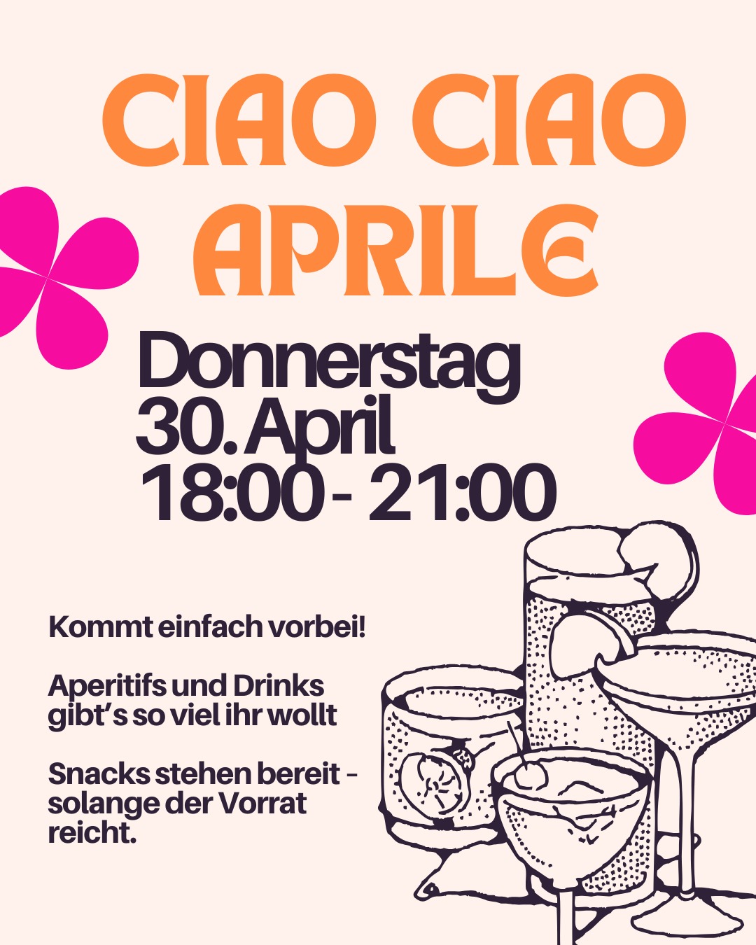 Ciao Ciao Aprile — Aperitivo-Abend bei Boccaccio Neu-Ulm, Donnerstag 30. April 2026, 18:00–21:00